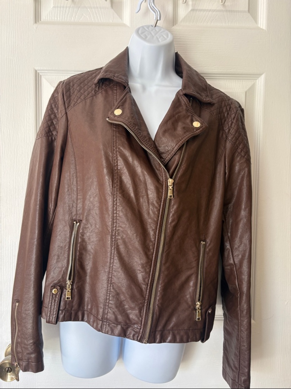 Tommy Hilfiger Brown Quilted-Shoulder Leather Moto Jacket